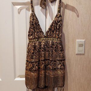 Love Shop Gold & Black Silk Print Top with Tie  Bow - New with Tags - Small